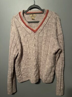 Woolrich Men's Cream Cable Knit V-Neck Sweater with Orange Trim